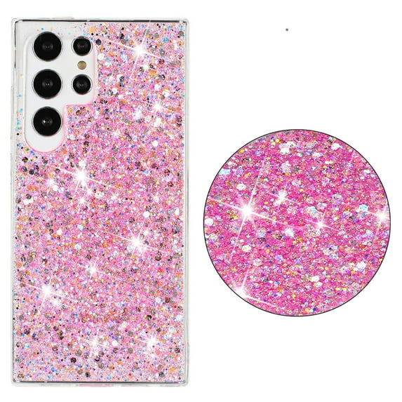 Bling Glitter Case for Samsung Galaxy S23 Ultra for Women Girls, Pretty Star Flash Twinkle Stardust Relief Pattern, Sparkling Powder Decoration, Heavy Duty Shockproof Protection Cover,Pink