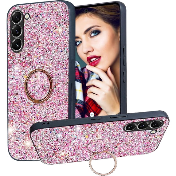 Bling Glitter Case for Samsung Galaxy S23 for Women Girls,Cute Sparkle Soft TPU Cover with Ring Kickstand Phone Case for Samsung Galaxy S23 CZ-Rose Gold