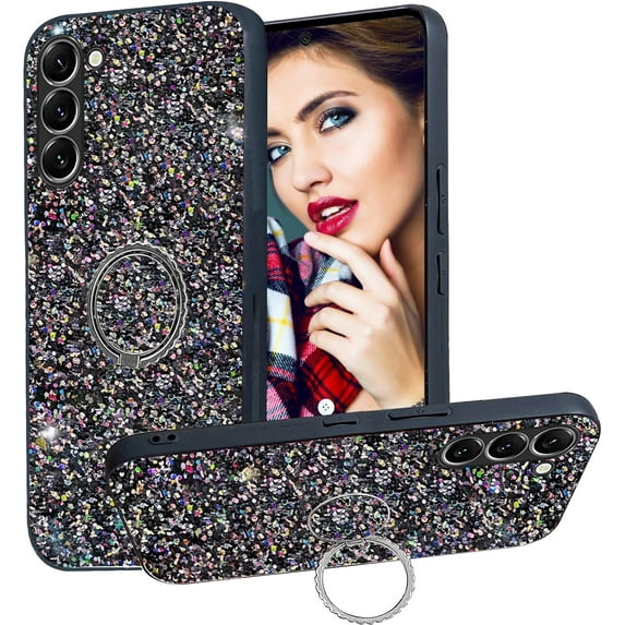 Bling Glitter Case for Samsung Galaxy S23 for Women Girls,Cute Sparkle Soft TPU Cover with Ring Kickstand Phone Case for Samsung Galaxy S23 CZ-Black
