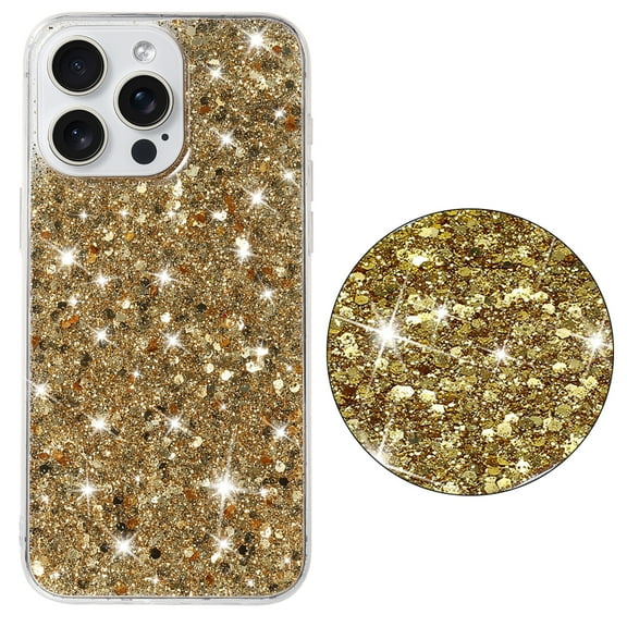 Bling Glitter Case for iPhone 13 Pro Case for Women Girls, Pretty Star Flash Twinkle Stardust Relief Pattern, Sparkling Powder Decoration, Heavy Duty Shockproof Protection Cover,Gold