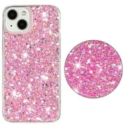 Bling Glitter Case for iPhone 14 Case for Women Girls, Pretty Star Flash Twinkle Stardust Relief Pattern, Sparkling Powder Decoration, Heavy Duty Shockproof Protection Cover,Pink
