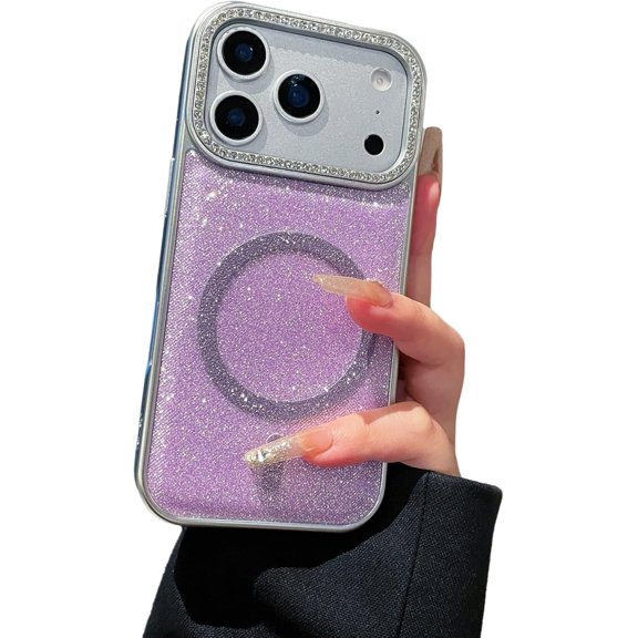 Bling Glitter Diamond Camera Edge Shockproof Magnetic Phone Case for iPhone, Compatible with (Purple,iPhone 15)