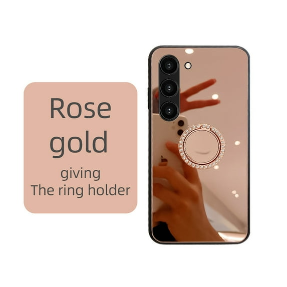 Bling Glitter Diamond Case for Samsung Galaxy S23 Plus 5G, Women Girls Makeup Mirror Phone with Ring Holder Stand, Sparkle 3D Handmade Rhinestone Flexible TPU Bumper Cover,Rosegold
