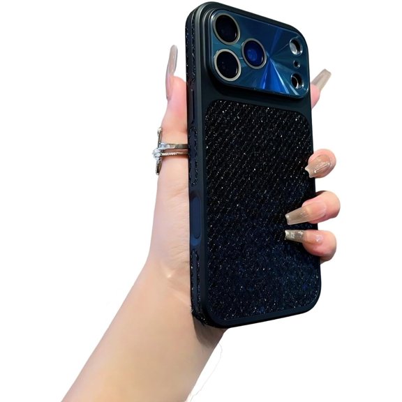 Bling Glitter Diamond Grid Back Camera Protect Phone Case for iPhone (Black,iPhone 17)