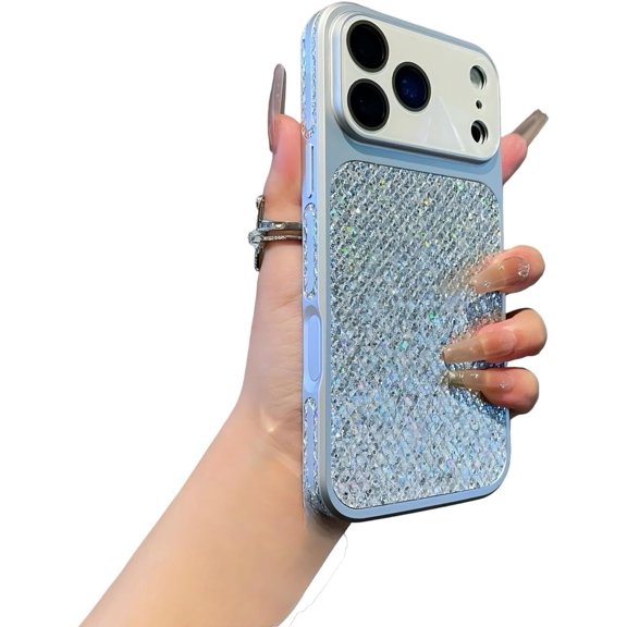 Bling Glitter Diamond Grid Back Camera Protect Phone Case for iPhone (Blue,iPhone 16 Pro)