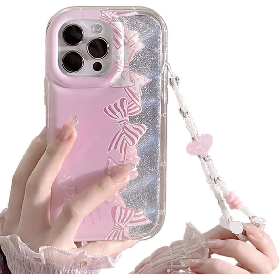 Bling Glitter Kawaii Cute Bowknots Lanyard Chain Phone Case Compatible with iPhone Case (Clear,iPhone 12 Pro Max)