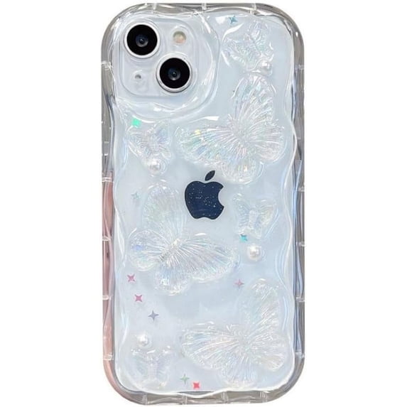 Bling Glitter Laser 3D Butterfly Pearls Wavy Frame Clear Phone Case Compatible with iPhone Case (Clear,iPhone 14)