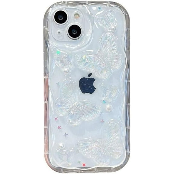 Bling Glitter Laser 3D Butterfly Pearls Wavy Frame Clear Phone Case Compatible with iPhone Case (Clear,iPhone 15 Pro Max)