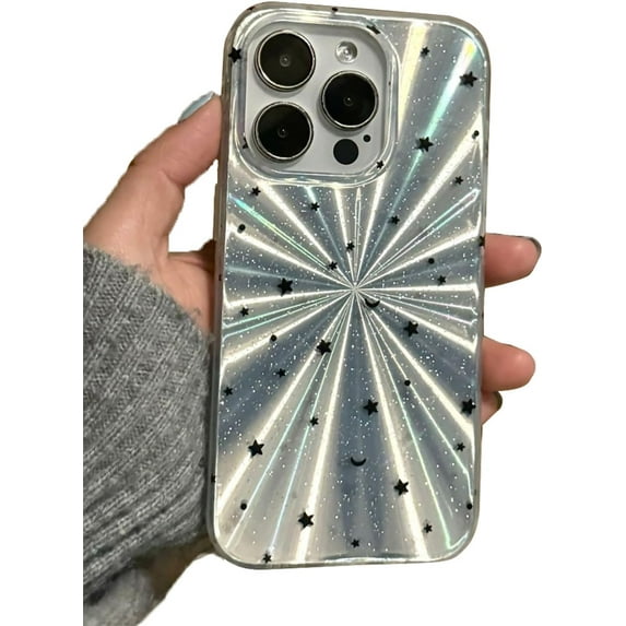 Bling Glitter Laser Disc Pattern Black Stars Phone Case Compatible with iPhone Case (Clear,iPhone 13)