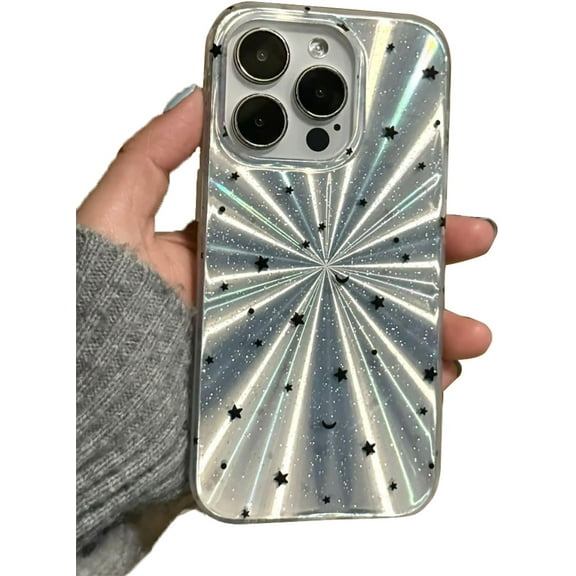Bling Glitter Laser Disc Pattern Black Stars Phone Case Compatible with iPhone Case (Clear,iPhone 15 Pro)