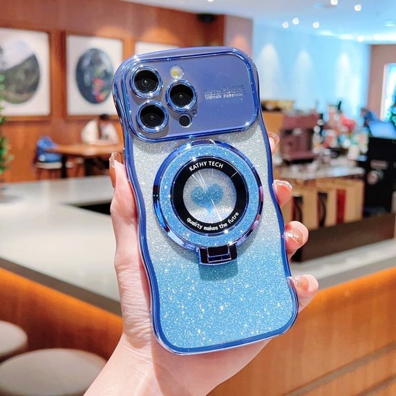 Bling Glitter Phone Case Compatible with iPhone 14 Plus, Kickstand Camera Lens Protector Heart Plating Raised Wavy Bumper Cover Sparkling Rhinestone Rugged Phone Case Cover,Blue