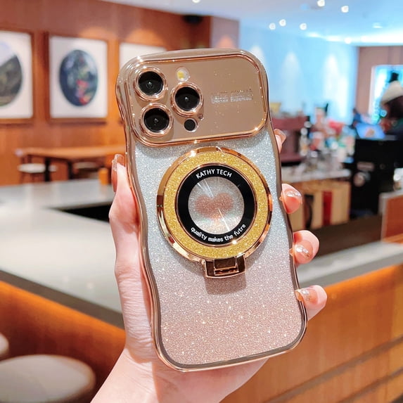 Bling Glitter Phone Case Compatible with iPhone 14 Plus, Kickstand Camera Lens Protector Heart Plating Raised Wavy Bumper Cover Sparkling Rhinestone Rugged Phone Case Cover,Gold