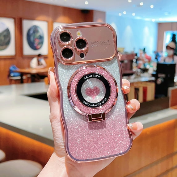 Bling Glitter Phone Case Compatible with iPhone 15, Kickstand Camera Lens Protector Heart Plating Raised Wavy Bumper Cover Sparkling Rhinestone Rugged Phone Case Cover,Rosegold