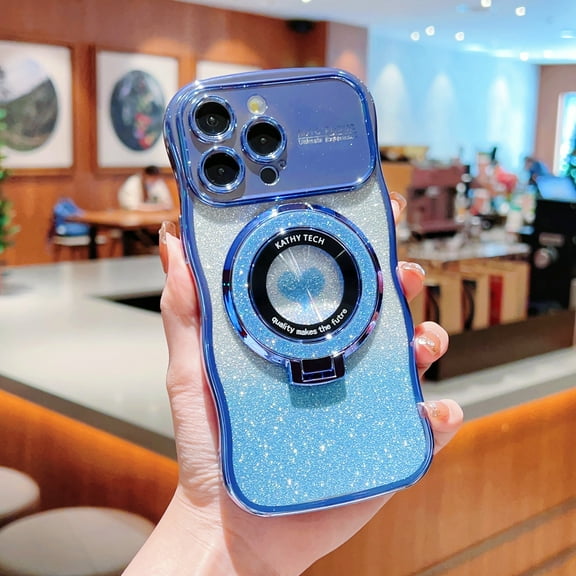 Bling Glitter Phone Case Compatible with iPhone 15 Pro Max, Kickstand Camera Lens Protector Heart Plating Raised Wavy Bumper Cover Sparkling Rhinestone Rugged Phone Case Cover,Blue