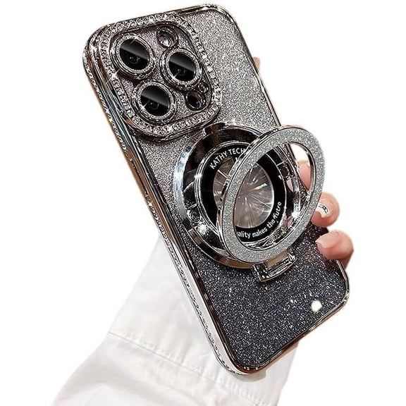 Bling Glitter Phone Case Compatible with iPhone 16 Pro, Kickstand Camera Lens Protector Soft Cover Sparkling Rhinestone Case