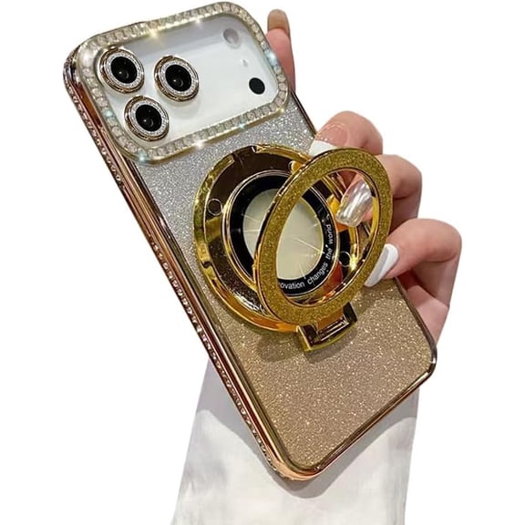 Bling Glitter Phone Case Compatible with iPhone 17 Pro Max, Kickstand Camera Lens Protector Soft Cover Sparkling Rhinestone Case