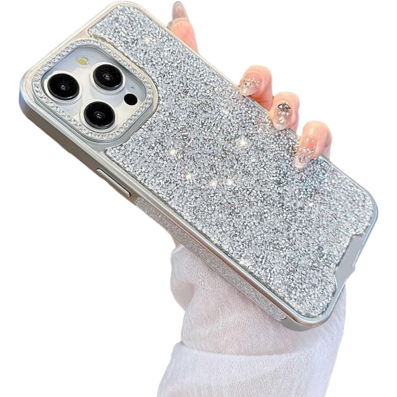 Bling Glitter Sequins Diamond Camera Edge Phone Case for iPhone (Silver,iPhone 14)