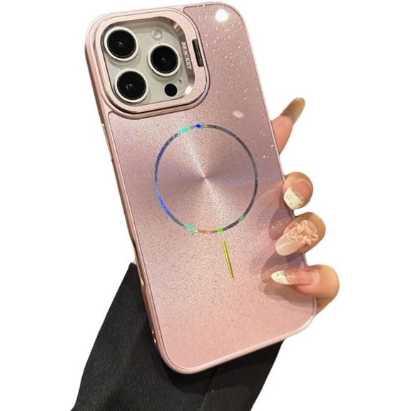Bling Glitter Sparkle CD Aurora Camera Lens Bracket Laser Magnetic Compatible with Wireless Charging (Pink,iPhone 15 Pro Max)