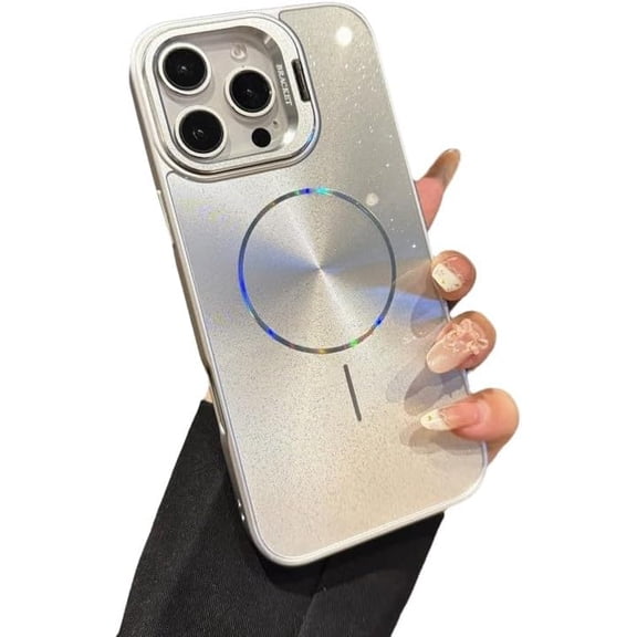 Bling Glitter Sparkle CD Aurora Camera Lens Bracket Laser Magnetic Compatible with Wireless Charging (Silver,iPhone 13 Pro)