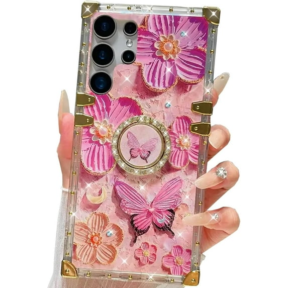 Bling Glitter Stand Phone Case for Samsung Galaxy S25 Ultra,Cute Floral Design with Ring Kickstand Holder Retro Oil Painting Printed Shockproof Women Cover for Galaxy S25 Ultra (Pink)