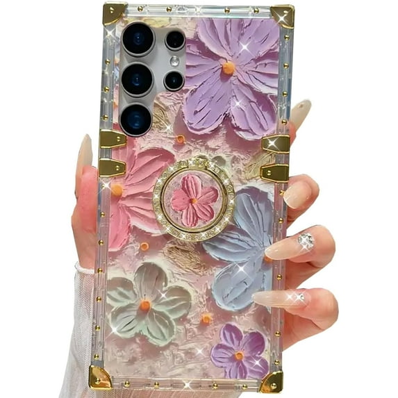 Bling Glitter Stand Phone Case for Samsung Galaxy S25 Ultra,Cute Floral Design with Ring Kickstand Holder Retro Oil Painting Shockproof Women Cover for Galaxy S25 Ultra (Pink Purple)