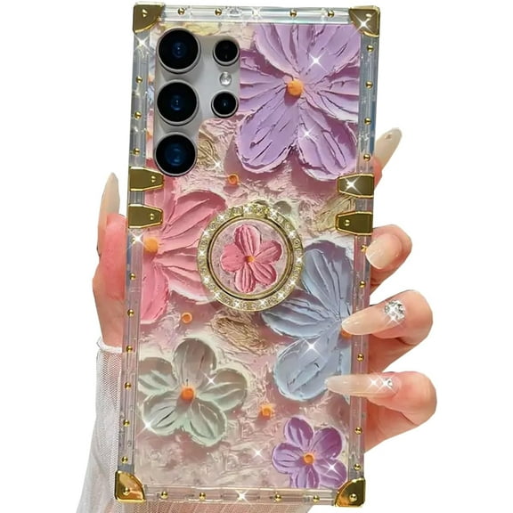 Bling Glitter Stand Phone Case for Samsung Galaxy S25 Ultra,Cute Floral Design with Ring Kickstand Holder Retro Oil Painting Shockproof Women Cover for Galaxy S25 Ultra (Pink Purple)