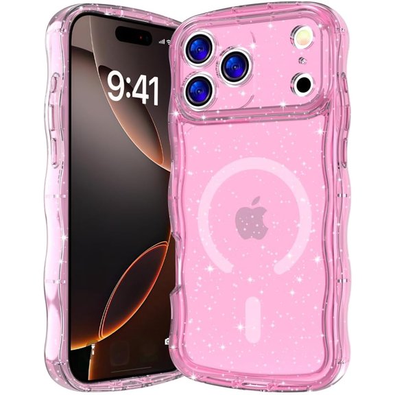 Bling Glitter Wavy Frame Camera Protect Magnetic Phone Case for iPhone, Compatible with (Pink,iPhone 16 Plus)