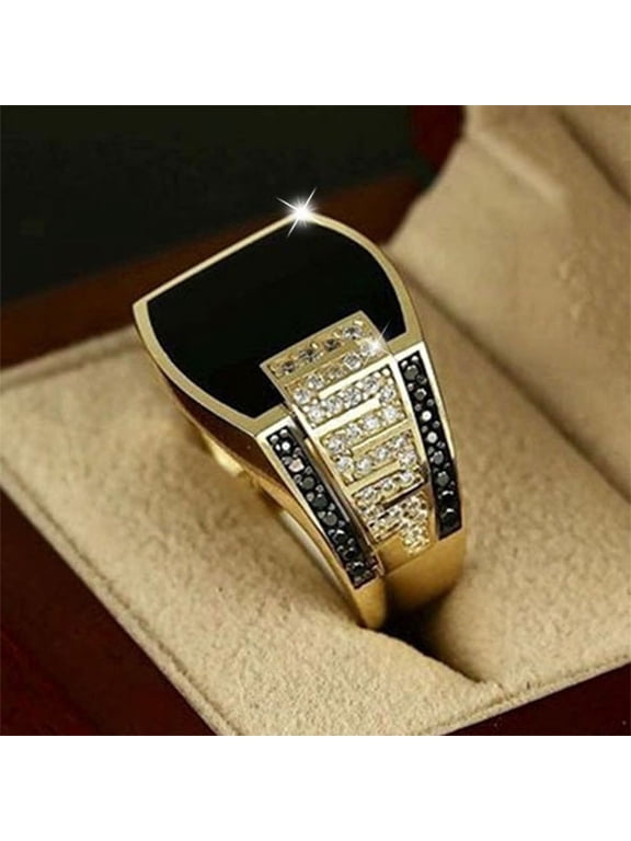 Bling Gold Plated Men's Hip Hop Ring, Simulated Black Onyx with Black & White Cubic Zirconia Wide Band Costume Ring 6