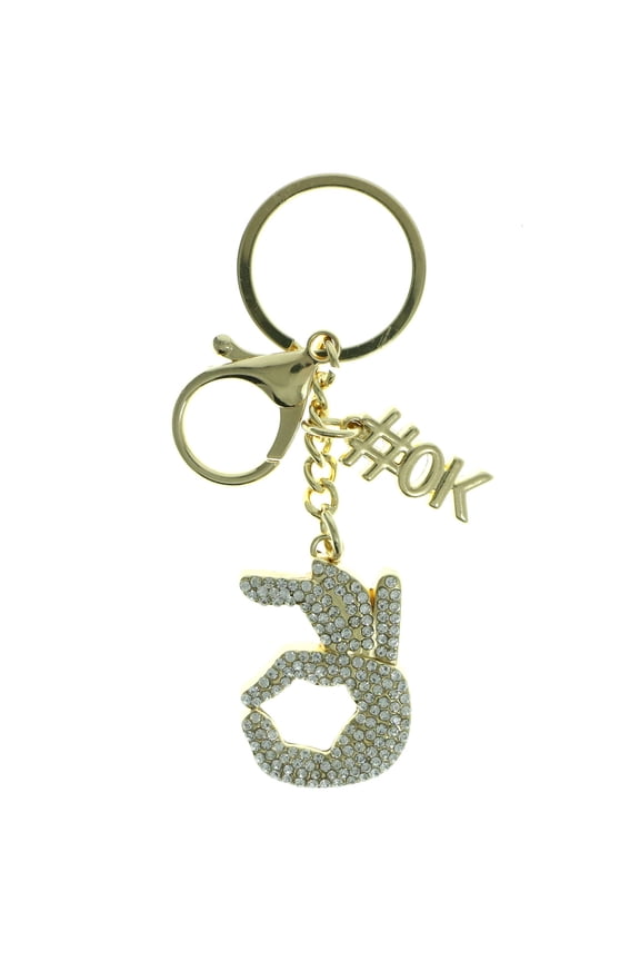 Bling Gold-Tone "OK" Hand-Sign With Rhinestones  #OK Emoji Keychain