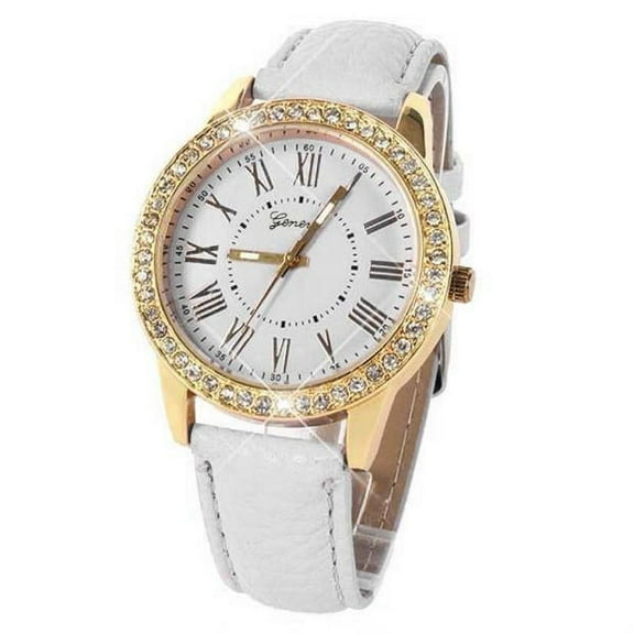 Bling Gold Women Leather Strap Quartz Wrist Watch White