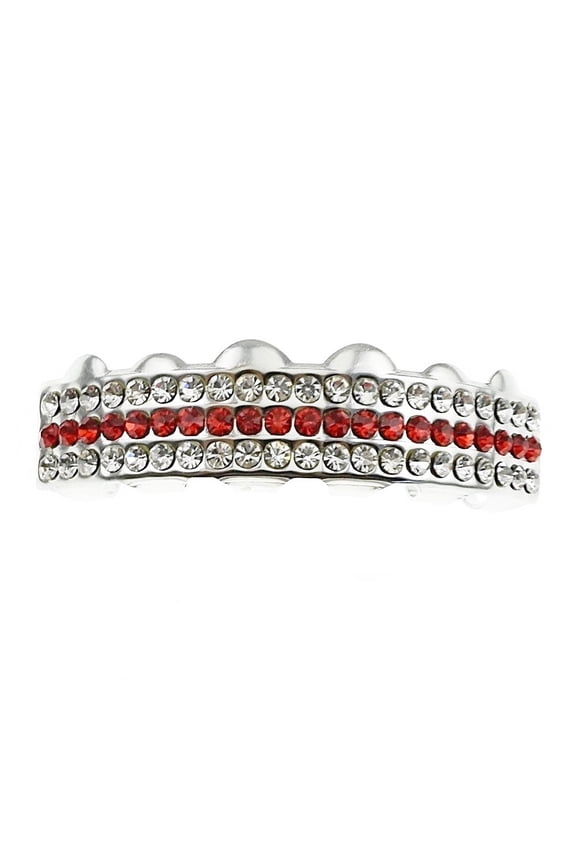 Bling Grillz Three 3 Row Red And Clear Top Upper Teeth Silver Tone Hip Hop Grills