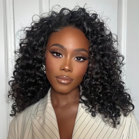 Bling Hair 12 inch Deep Wave Half Wig Human Hair 180 Density Glueless Drawstring Deep Curly 3/4 Half Wigs Natural Black for Women