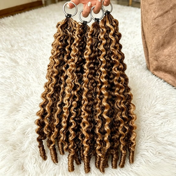 Bling Hair 22 inch Color 4/27 Highlight Burmese Curly Feather Human Crochet Hair Pre-Separated Looped Invisible Crochet Human Hair Extensions 4Pcs