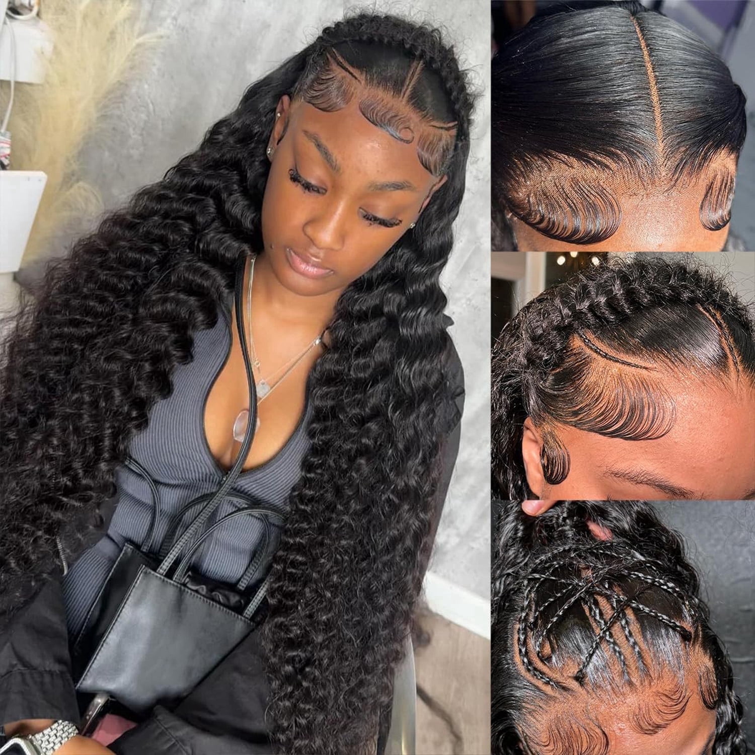 Pelucas de cabello humano con ondas profundas, encaje frontal transparente 13x6, densidad 200, rizos profundos, línea de cabello previamente arrancada, color negro natural para mujer, 30 pulgadas