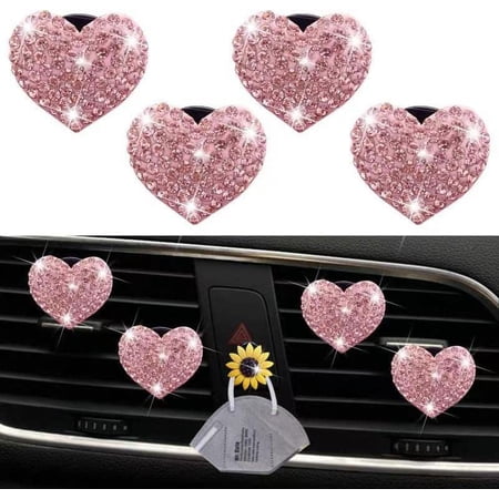 Bling Heart Air Vent Clips, Crystal Heart Car Air Fresheners Vent Clips Car Diffuser Vent Clip Rhinestone Car Decoration Car Interior Decor Cute Car Accessories for Women (Pink) + Sunflower Mask Hook