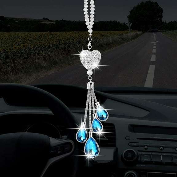Bling Heart Car Charms Car Accessories for Women Valentine's Day Gifts Crystal Rear View Mirror Hanging Charms Diamond Decoration Lucky Interior Ornament Pendant(9.8 Inch,Blue)