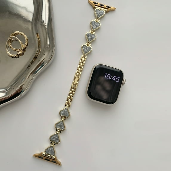 Bling Heart-Shaped Band Compatible for Apple Watch Band 42mm 44mm 45mm 49mm, Watch Band for Women Girls with Link Removal Tool Chain Strap for iWatch Series 9 8 7 6 5 4 SE 3 2 1 Ultra, Gold