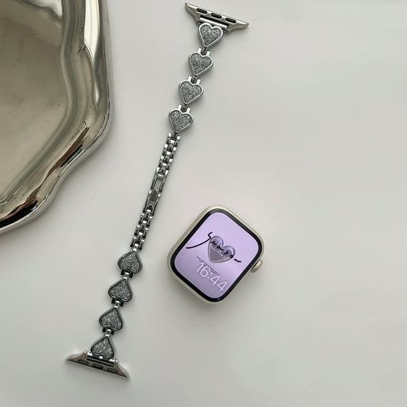 Bling Heart-Shaped Band Compatible for Apple Watch Band 42mm 44mm 45mm 49mm, Watch Band for Women Girls with Link Removal Tool Chain Strap for iWatch Series 9 8 7 6 5 4 SE 3 2 1 Ultra, Silver