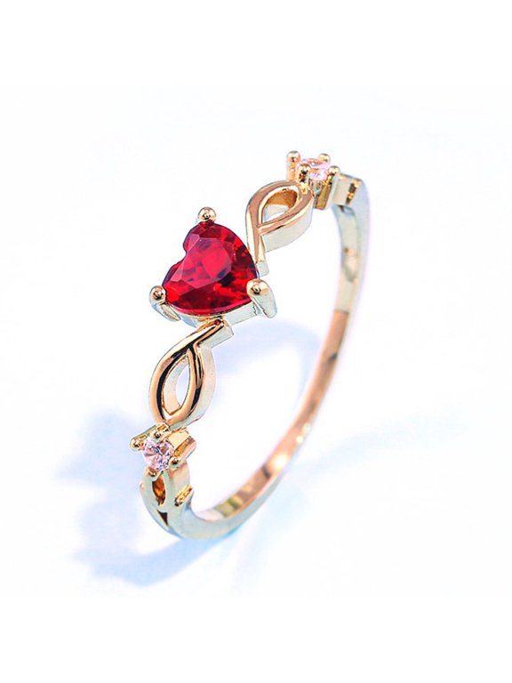 Bling Heart Simulated Red Gem Cubic Zirconia Ring for Women, Gold Plated Twist Band Promise Fashion Costume Ring 7