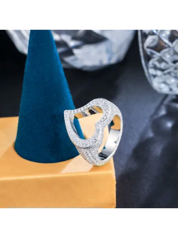 Bling Hollow Out Love Heart 5A CZ Micro Pave Ring for Women Hip Hop Punk Jewelry