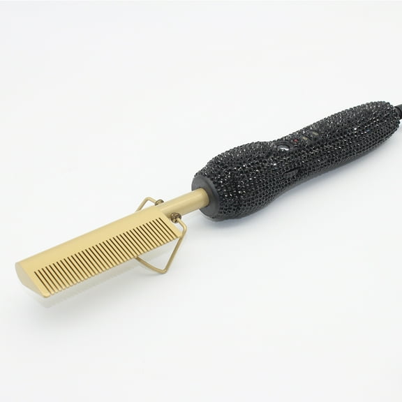 Bling Hot Comb with Black Rhinestones, Professional Electric Pressing Comb for Edges, Wigs & Natural Hair, Salon Heat Styling Tool