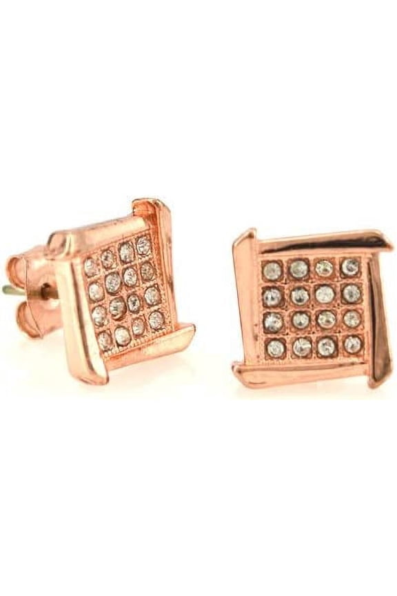 Bling Iced Out Rose Gold Tone Infinity Square CZ Stud Earrings