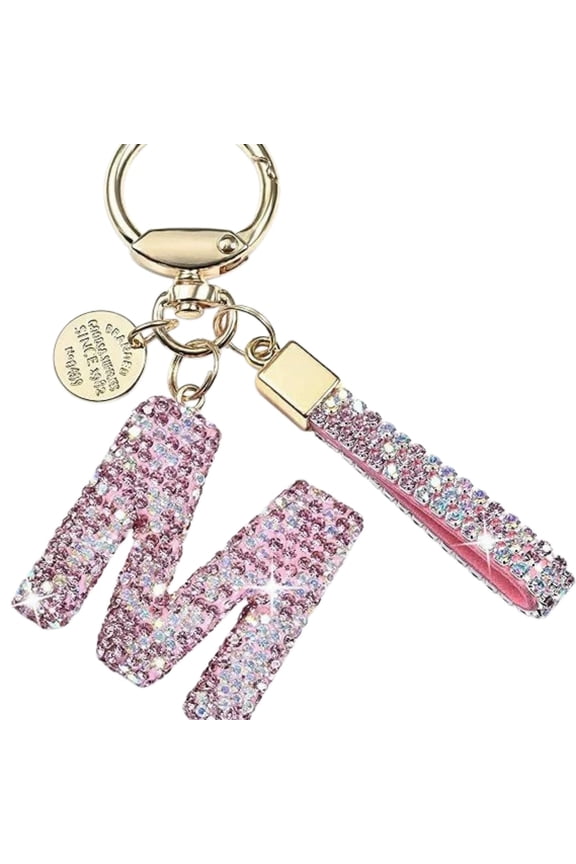 Bling Initial Letter Keychain - Pink Rhinestone Letter M Charm with Matching Wristlet, Portable Size, Shiny Crystal Detail for Backpacks, Car Keys & Birthday Gift