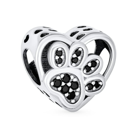 Bling Jewelry Womens Black CZ Heart Paw Print Charm Bead for Pet Lovers - Fits European Bracelet