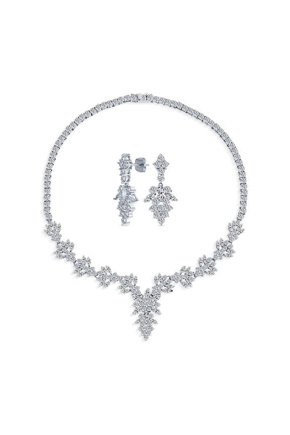 Womens Bridal Jewelry Set Art Deco Marquise Leaf CZ Choker Necklace & Earrings Wedding