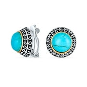 Bling Jewelry Bali Button Style 2 Tone Simulated Blue Turquoise Clip On Earrings Round 12MM