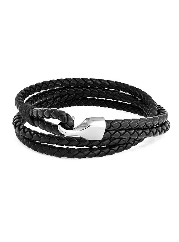 Bling Jewelry Black Braided Woven Leather Wrap Bracelet Hook Eye Stainless Steel