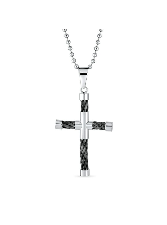 Bling Jewelry Black Cable Cross Pendant Unisex Black Silver Stainless Steel Bead