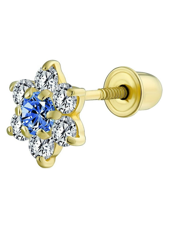 Bling Jewelry Blue Flower Cartilage CZ 1 Piece Stud Earring 14K Gold Screwback
