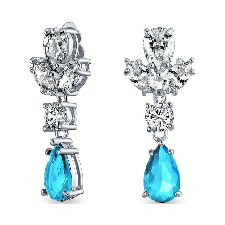 Bling Jewelry Blue Teardrop CZ Chandelier Clip On Earrings Aquamarine Silver Plated